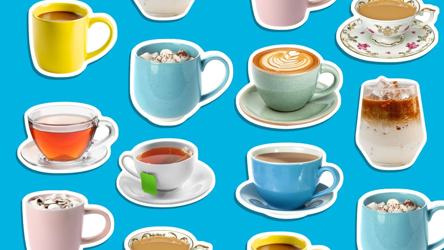 A collection of tea cups on a blue background.