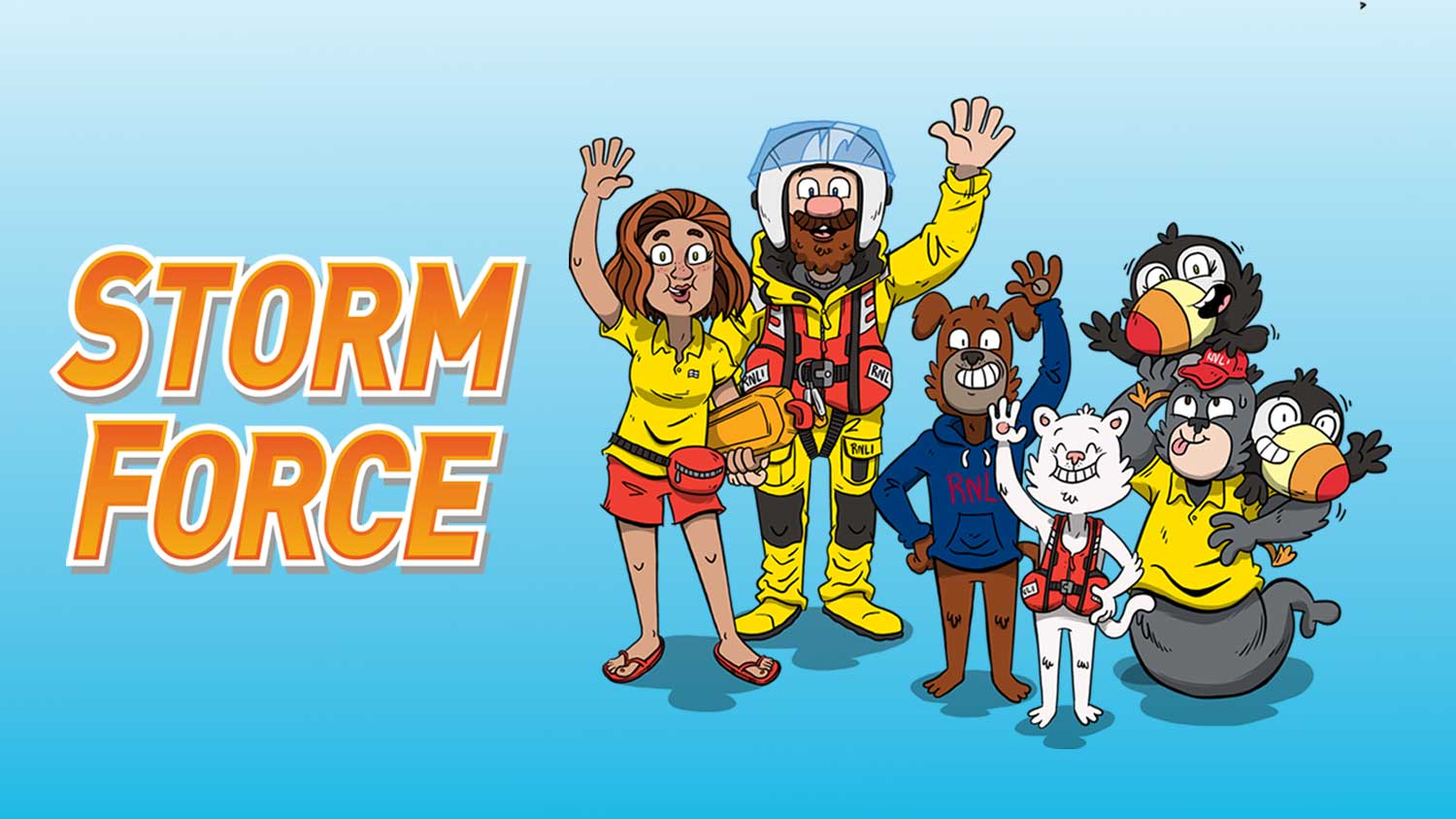 A group shot of the Storm Force magazine characters, featuring crew member Stormy Stan, lifeguard Sandy, a penguin, a cat and a dog. The words Storm Force are ovelrayed beside them.