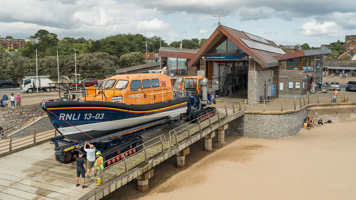 Exmouth RNLI’s all-weather lifeboat R and J Welburn on the slipway outside the lifeboat station.