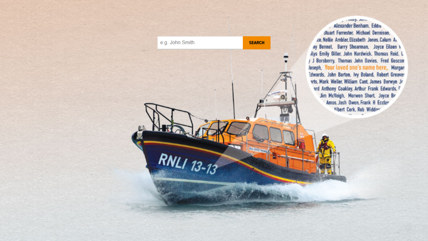 Designed image of Swanage 13-13 Launch a Memory lifeboat with search bar and zoomed in focus highlighting the names honoured 