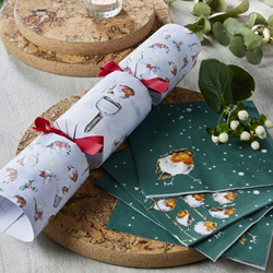 A Christmas cracker with a robin design, alongside a pile of napkins with a robin design on.