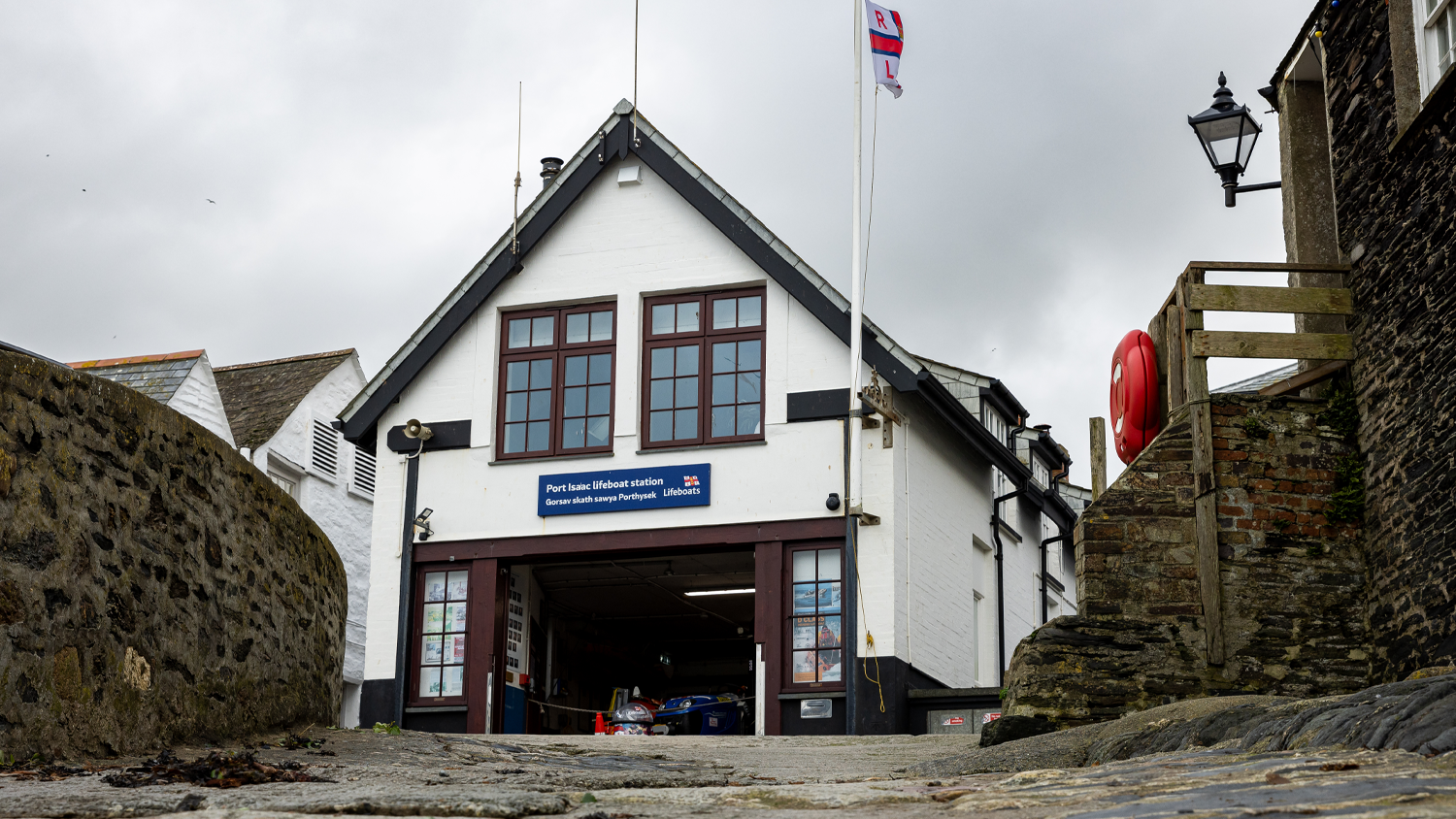 Port Isaac RNLI’s lifeboat station, with the boathouse doors open