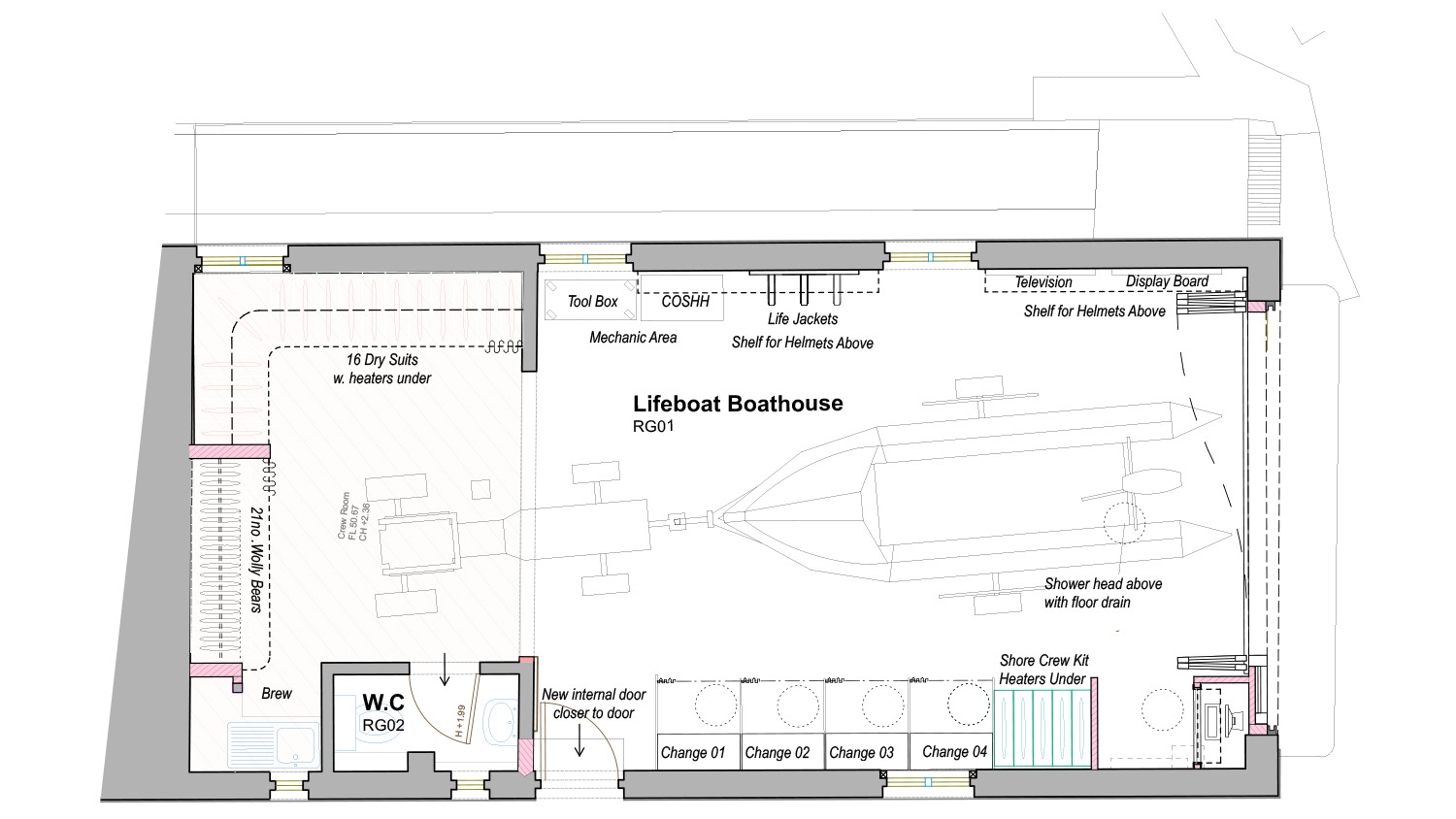 Architectural floorplan showing an aerial view of the interior of Port Isaac RNLI’s redesigned lifeboat station