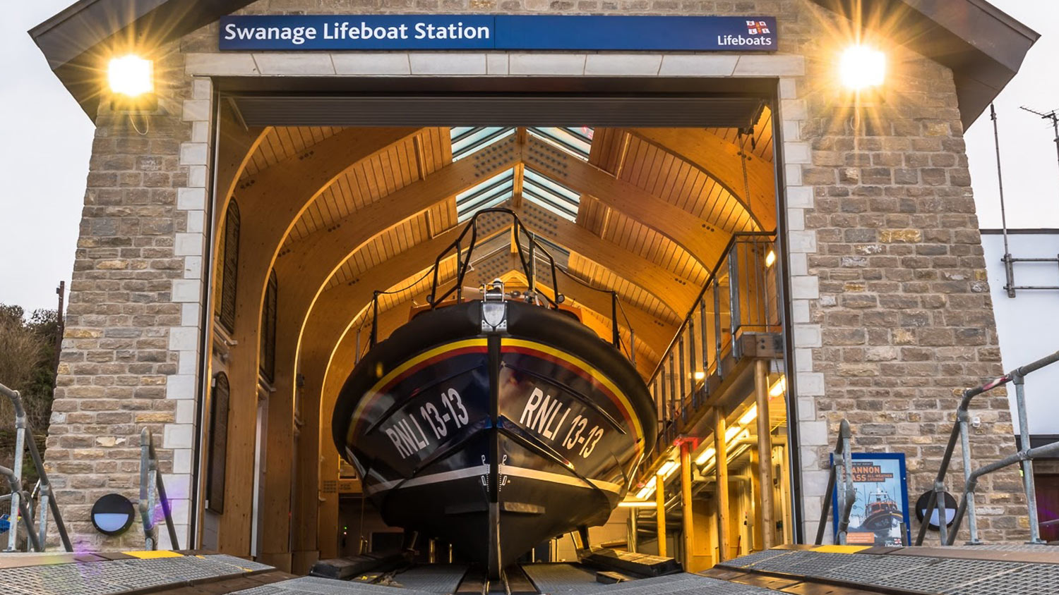 Swanage RNLI’s Shannon class lifeboat 13-13 on the slipway inside the boathouse- at Swanage Lifeboat Station