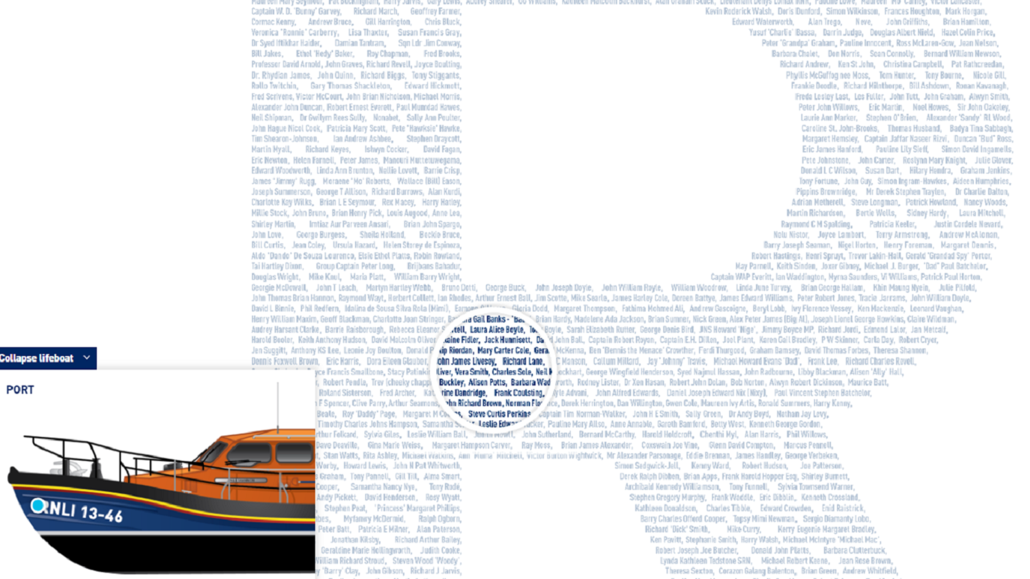 An infographic showing a close up on individual names on the decal of teh Wells lifeboat.