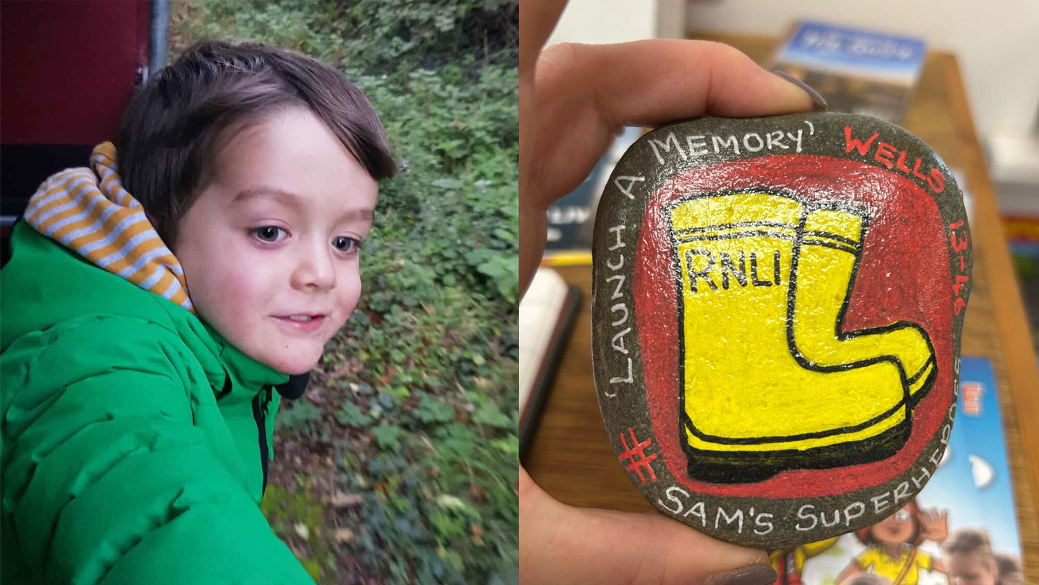 Two photos side-by-side. The first is the photo of a boy in a bright green coat looking out the window of a train. The other photo is a close-up of a painted pebble featuring a pair of RNLI boots and the words ‘Launch A Memory, Wells 13-46, Sam’s Superheroes’ written around the edge. 