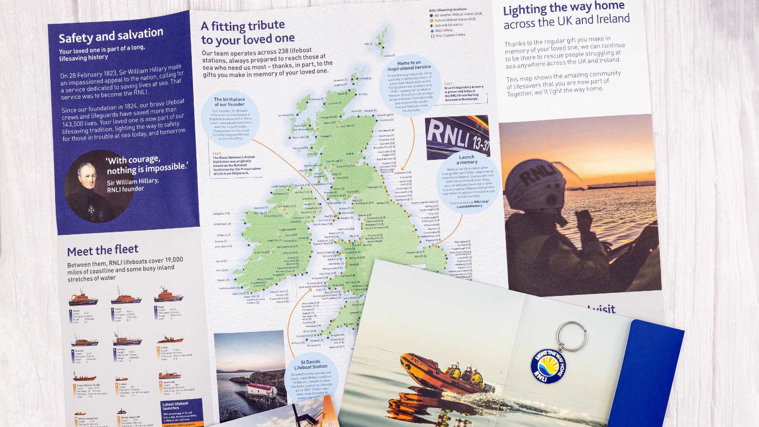The Light the Way Home welcome pack, an RNLI keyring as a special keepsake, and a map showing the impact of how your support reunites families and prevents tragedies, laid out flat on a pale wood surface.