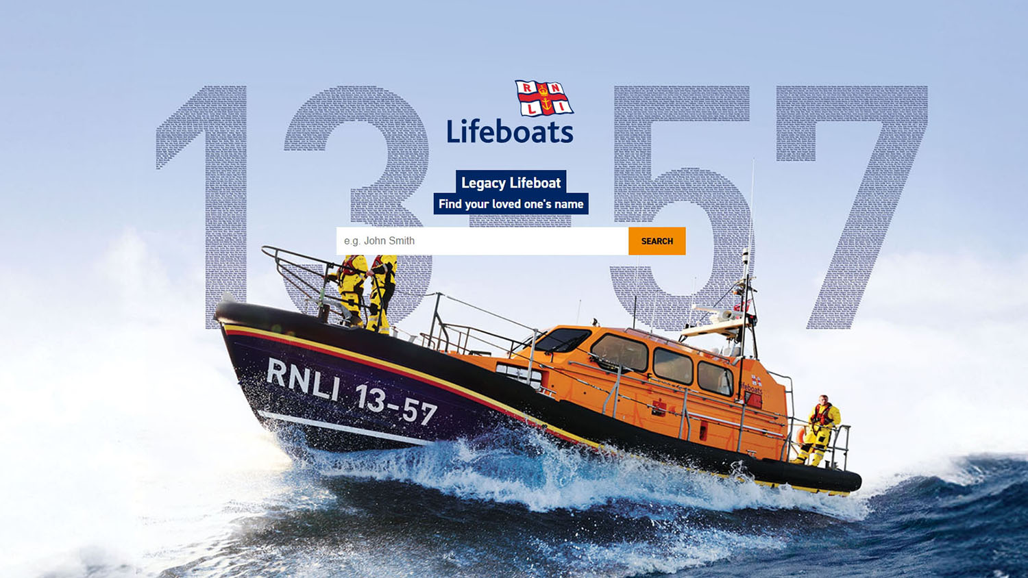 The Kilkeel legacy lifeboat name finder tool webpage. The background of the webpage includes a photo of the lifeboat on the water, as well as the lifeboat’s number (13-57) in large font. There is a search bar that supporters can use to type in their loved one’s name so they can find where it appears on the lifeboat.