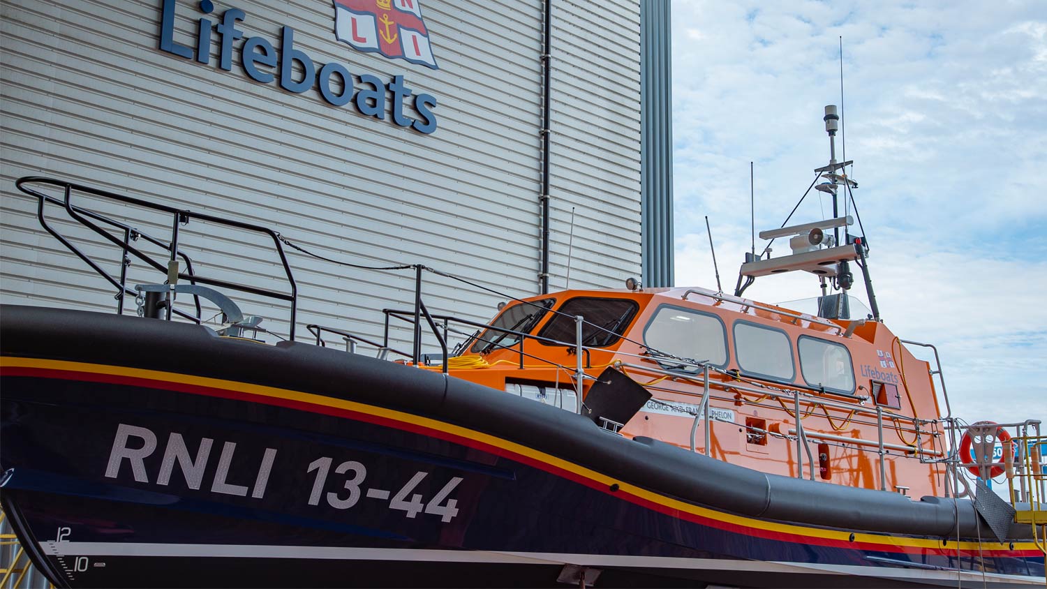 Great Yarmouth and Gorelston’s Shannon class lifeboat sits on the apron at the All-weather Lifeboat Centre in Poole