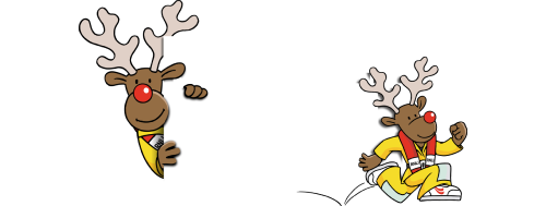 Reindeer Run logo with Rookie the Reindeer either side