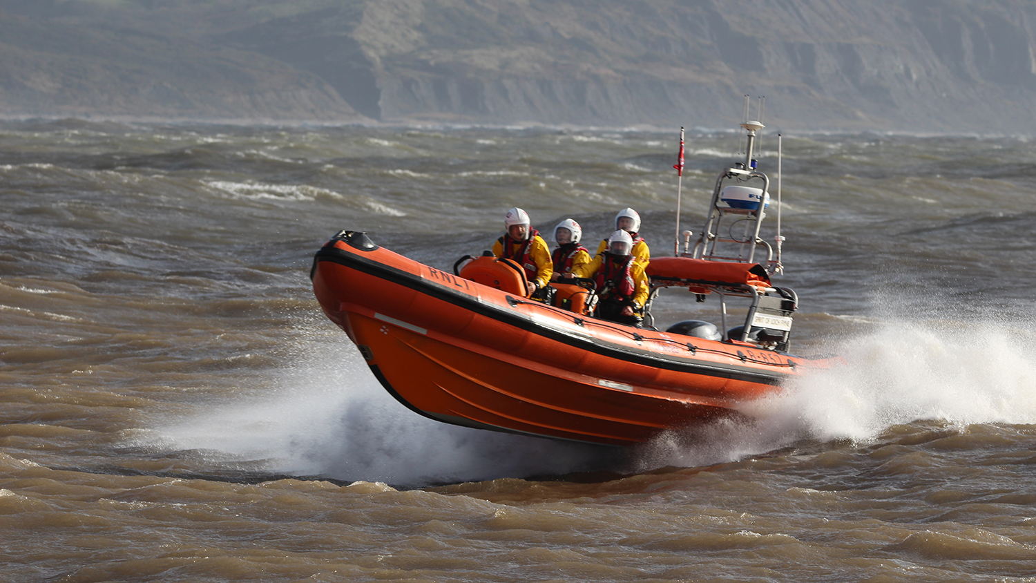 The B class lifeboat at Lyme Regis making best speed through the water
