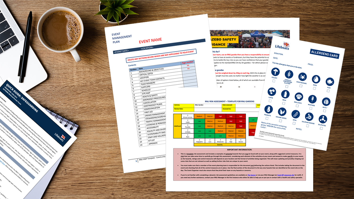Pages of event planning resources lying on a table next to a coffee cup