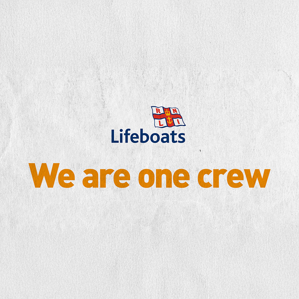 RNLI logo and text: 'We are one crew'