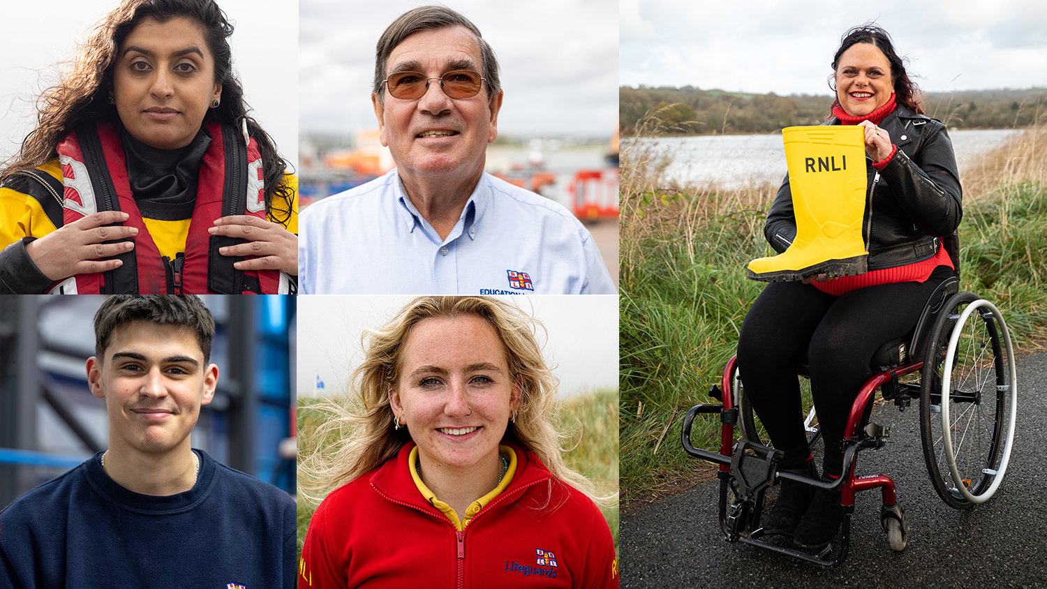A collection of five images with subjects all looking at the camera.