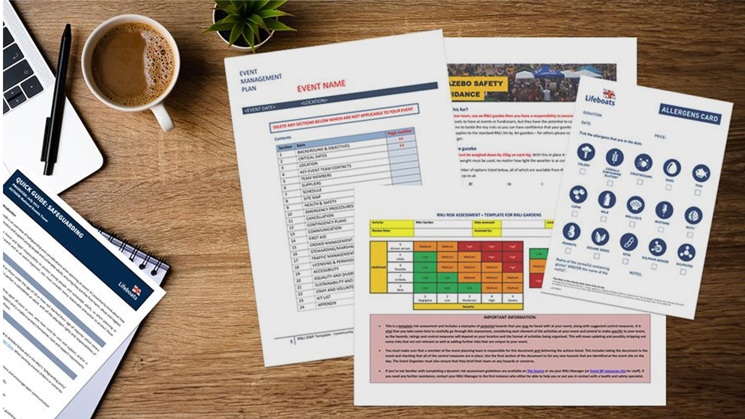 A selection of RNLI event planning tools laid out on a desk