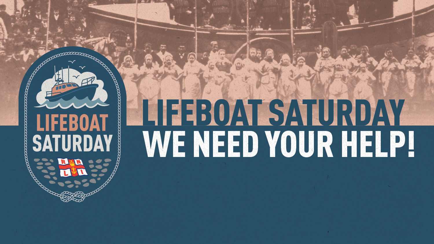 An historic image of lifeboat Saturday, ladies in white dresses stand in front of a wooden lifeboat. Crew in cork lifejackets stand in the boat.