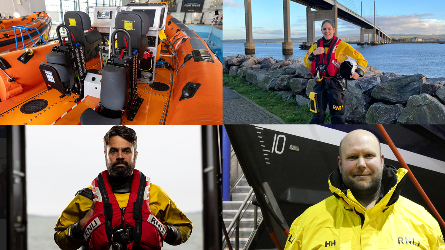 Collage of four photos, one showing the inside of an Atlantic 85 lifeboat, and portraits of three RNLI crew members.