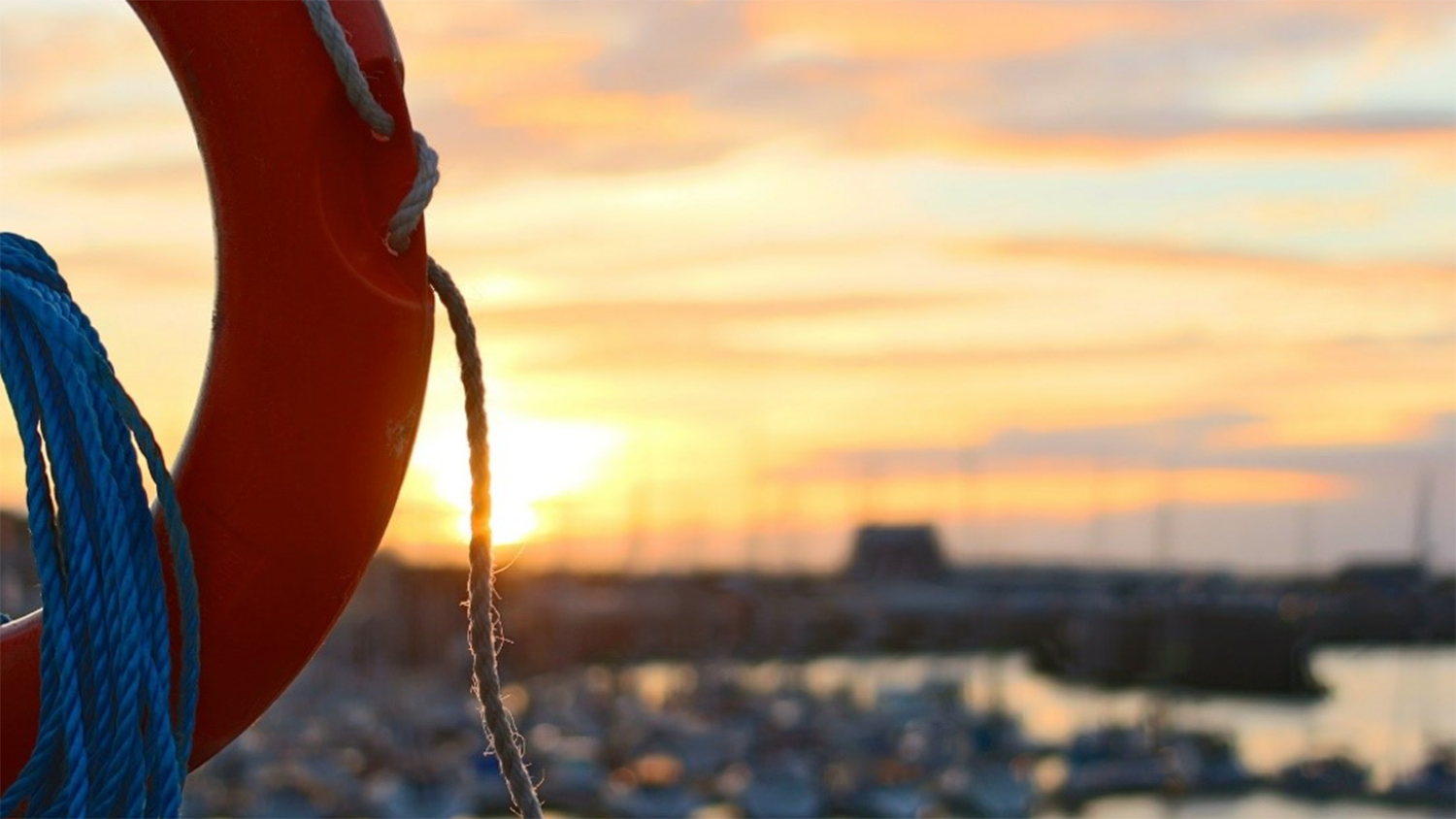 A buoyancy aid at sunrise overlooking a harbour.