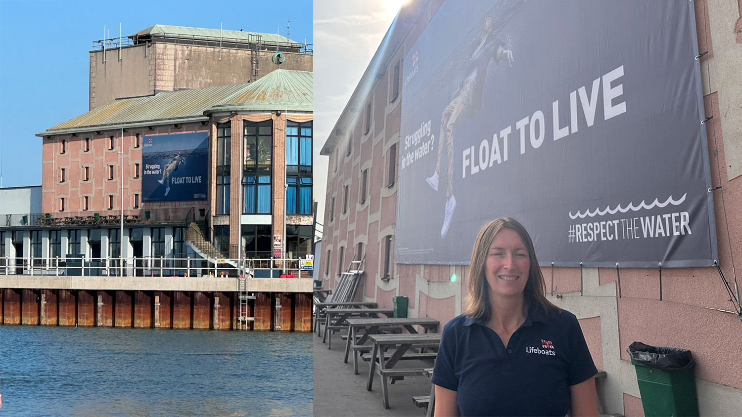 Collage showing a large RNLI “Float to Live” water safety billboard displayed on Weymouth Pavilion, with a close-up view of the banner alongside RNLI volunteer Heather Reid.