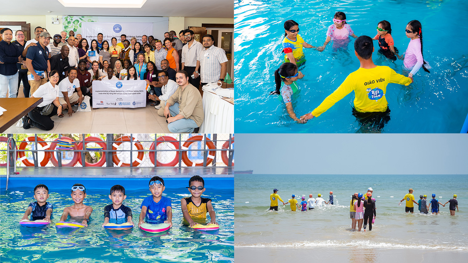 Collage of four photos showing a large group posing indoors with a workshop banner, an instructor in a pool leading children holding hands in a circle, children in a swimming pool holding kickboards, and a group of children and instructors standing in shallow sea water during a lesson.