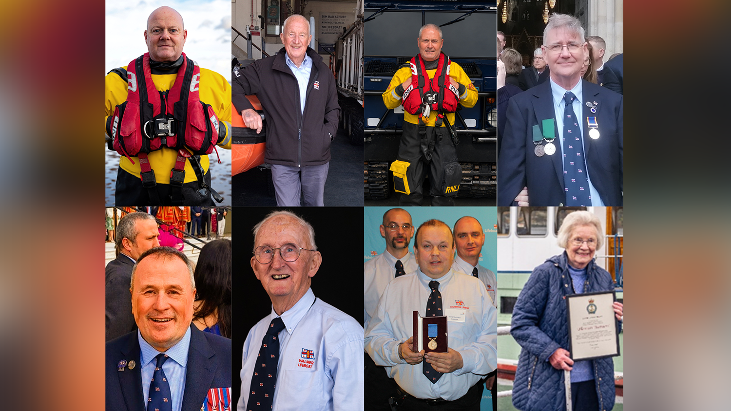 Collage of people recognised for service to the RNLI, featuring volunteers in operational kit and award recipients displaying medals and certificates.