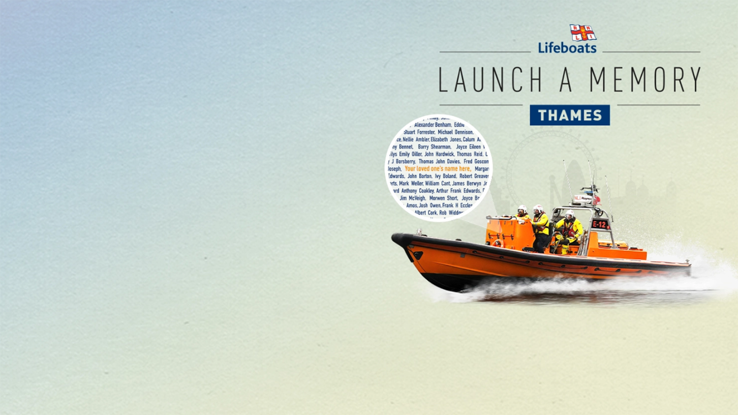 E class lifeboat and a zoomed in decal showing people's names, alongside a Launch a Memory Thames logo.