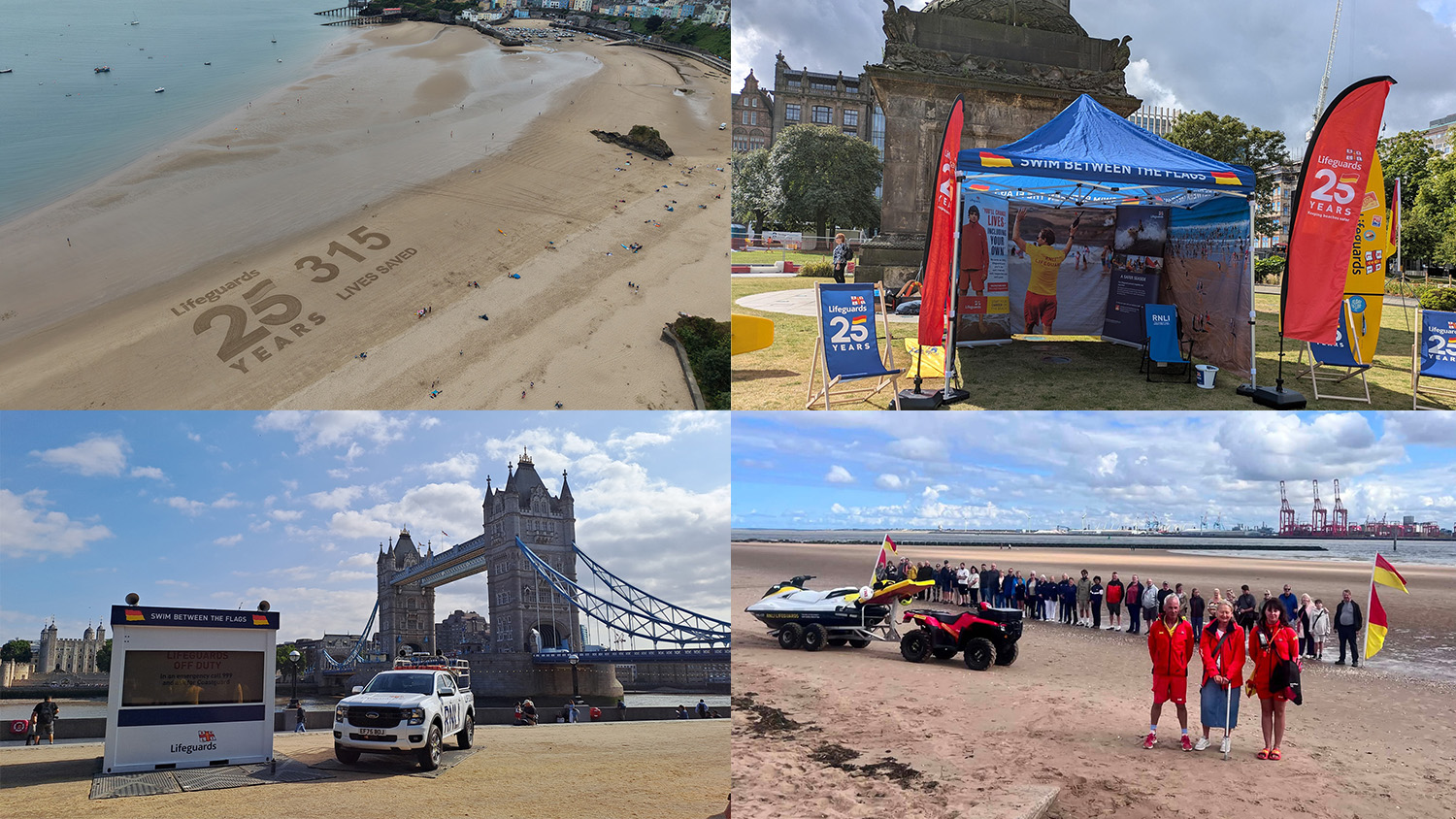 Four-photo collage highlighting RNLI Lifeguards' 25th anniversary celebrations, featuring a beach sand artwork, an exhibition stand, a Tower Bridge display, and a group gathering on a beach.