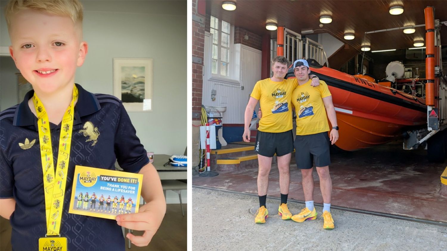 A young boy smiling at the camera wearing a yellow Mayday Mile medal; two men wearing yellow Mayday Mile t-shirts standing in front of an orange inshore lifeboat.