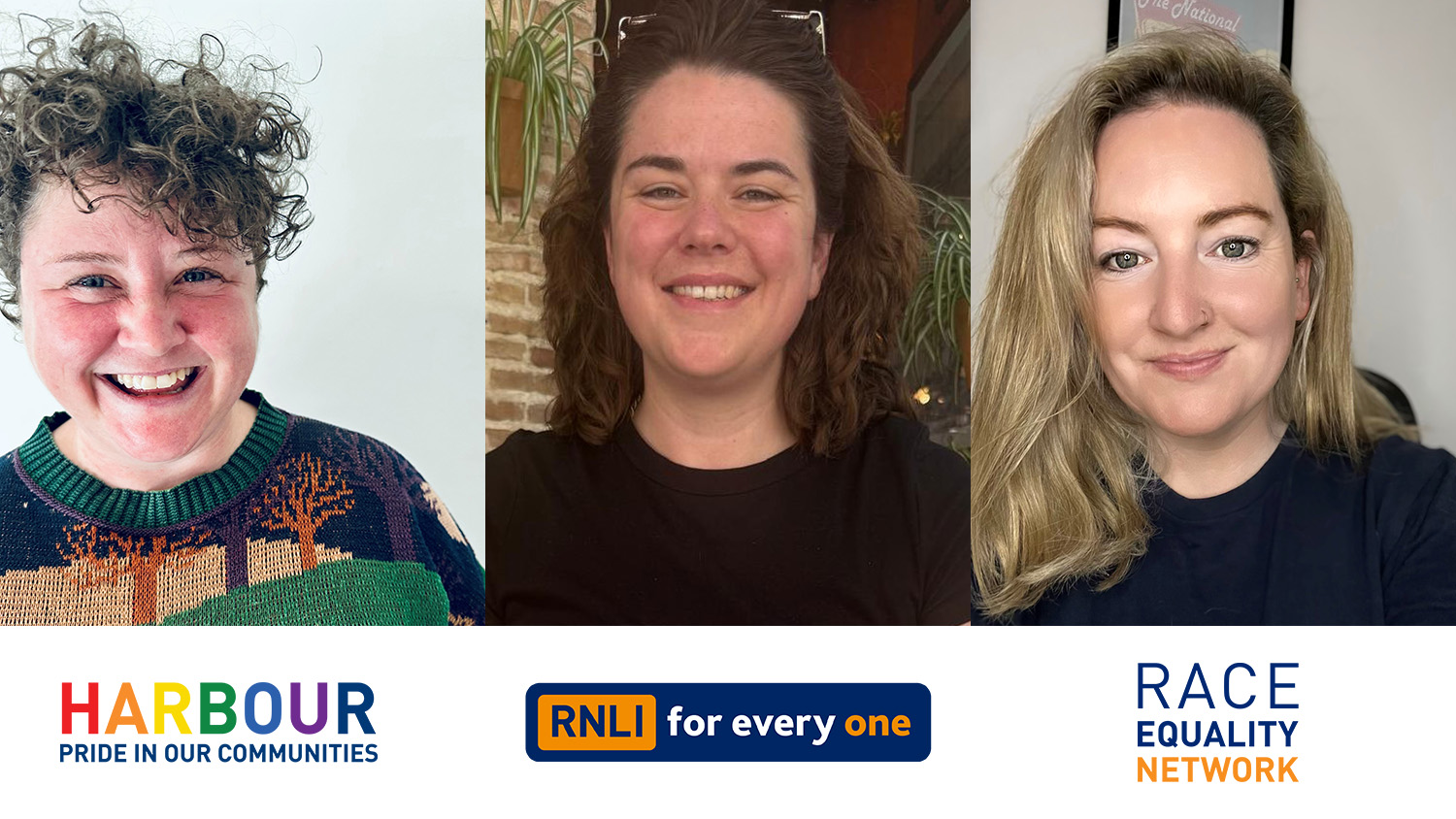 Portraits of three RNLI people network co-chairs smiling, plus the Harbour Network and Race Equality Network logos.