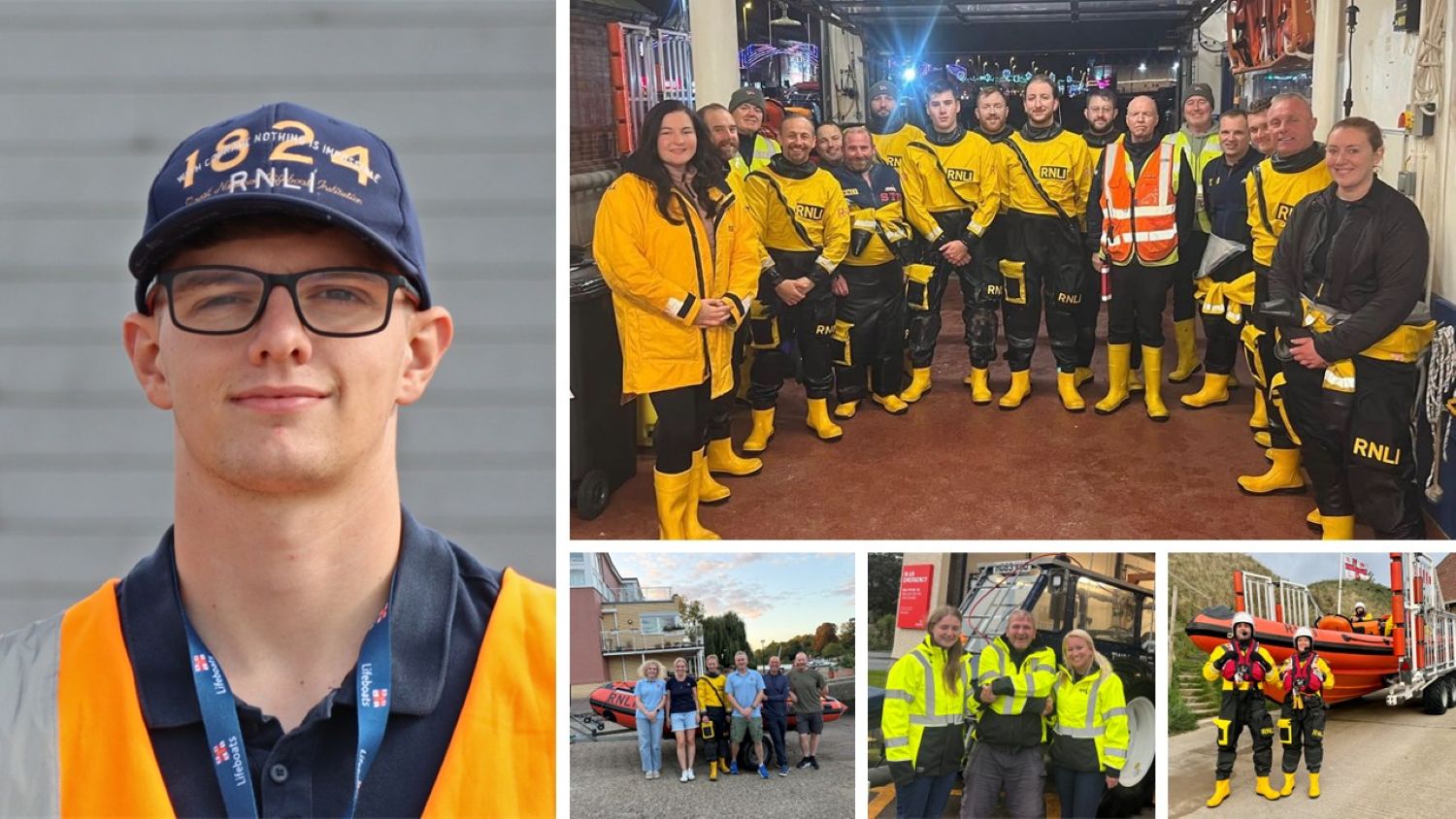 a composite image featuring five photos of volunteers at different stations