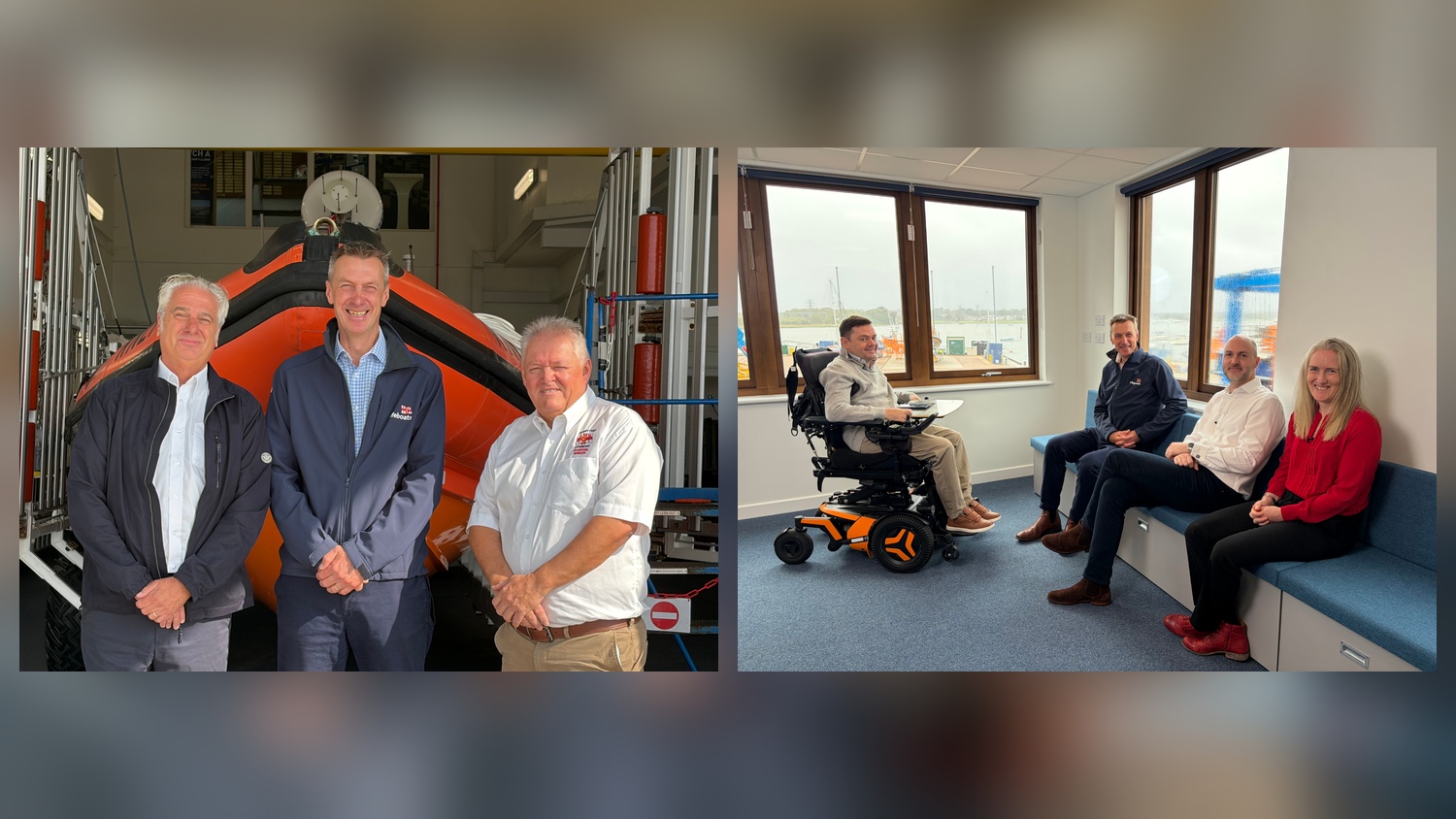 Two images in a montage. One shows three men standing in front of an inshore lifeboat, the second has three people sat on a blue bench seat facing a forth man who is a wheelchair user