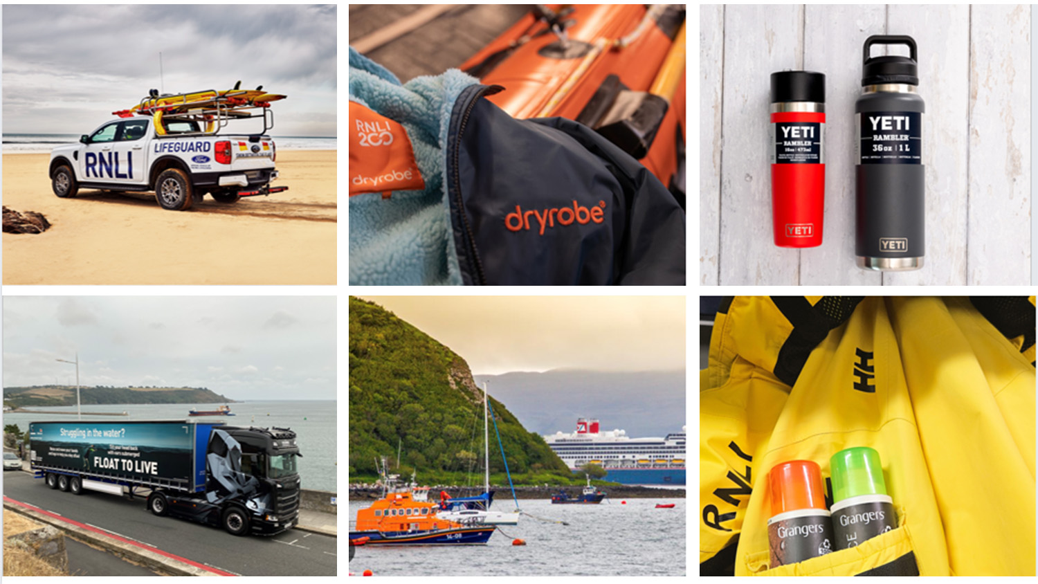 Collage showing products from RNLI partners, including a Ford vehicle, a dryrobe, YETI bottles, a Scania trailer showing a Float to Live message, a ferry, and Grangers detergent bottles.
