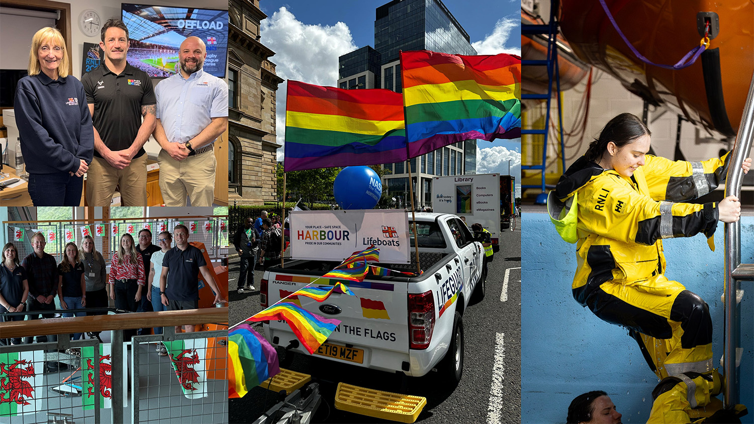 Collage showing RNLI representatives surrounded by Welsh flags, RNLI representatives with a person wearing a Ruby League Cares shirt, a Pride parade featuring an RNLI vehicle decorated with rainbow flags, and a female crew member in yellow waterproof gear climbing out of a pool.