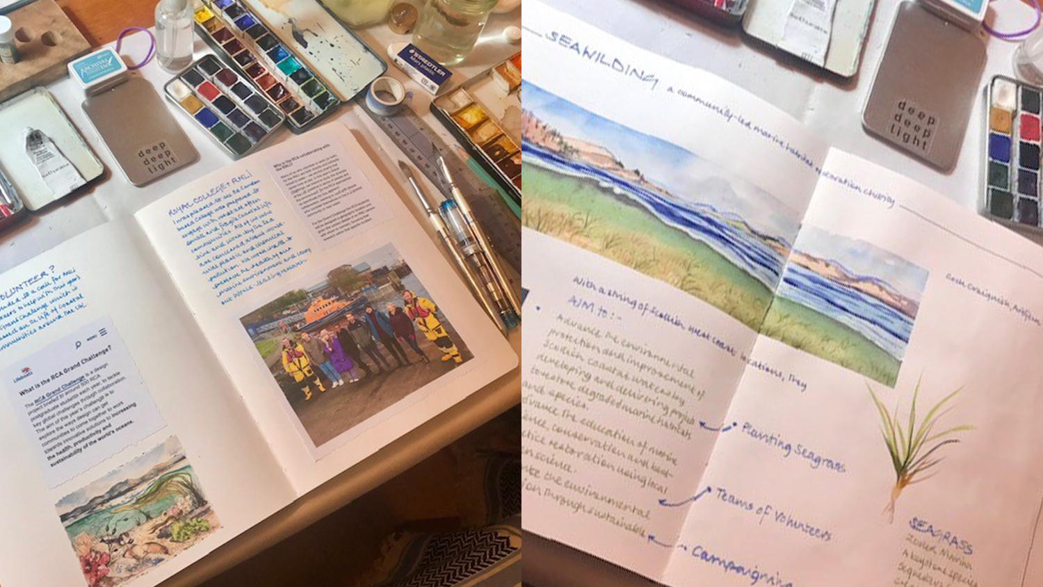 Fiona Campbell’s scrapbook open on a table surrounded by art supplies.