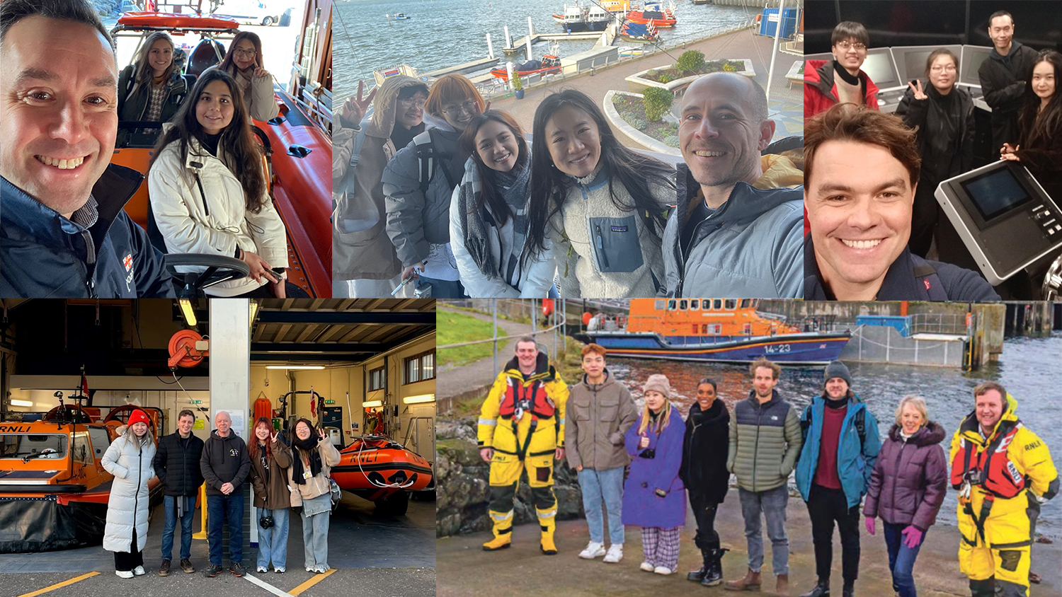 Collage of RNLI Grand Challenge volunteers with their RCA student groups. 