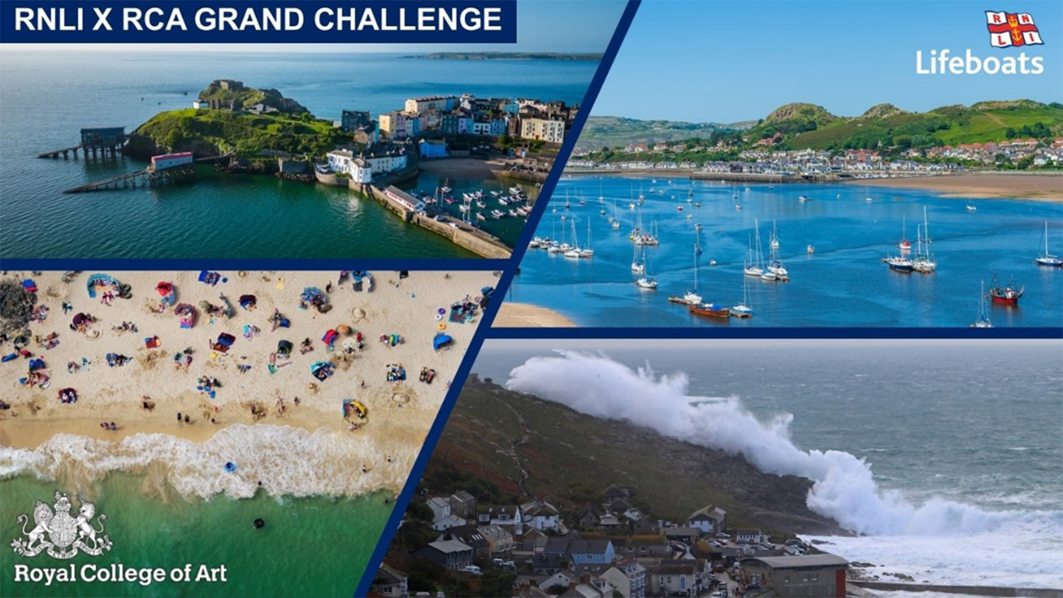 RNLI X RCA Grand Challenge collage with 4 different pictures of coastal environments, including a harbour, an estuary a big wave crashing over cliffs in a storm and an aerial view of a sandy beach with people on it.