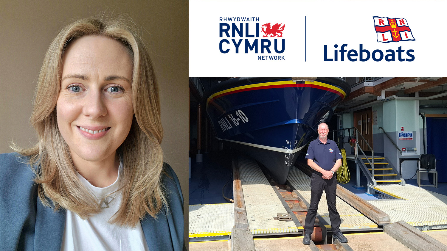 Portraits of Eleri Roberts and Meic Raymant, alonside the RNLI Cymru network logo.