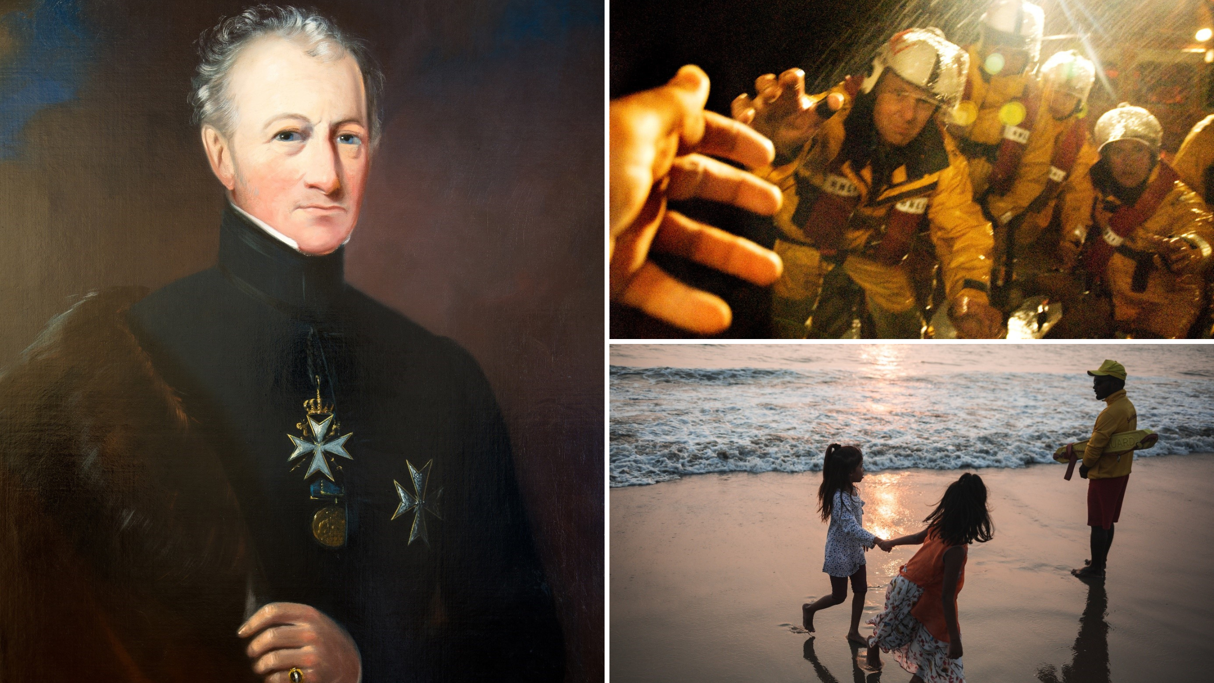 A collection of images including an oil painting of Sir William Hillary, a group of RNLI lifesavers on a rescue and an RNLI lifeguard on the beach at sunset with children running on the sand
