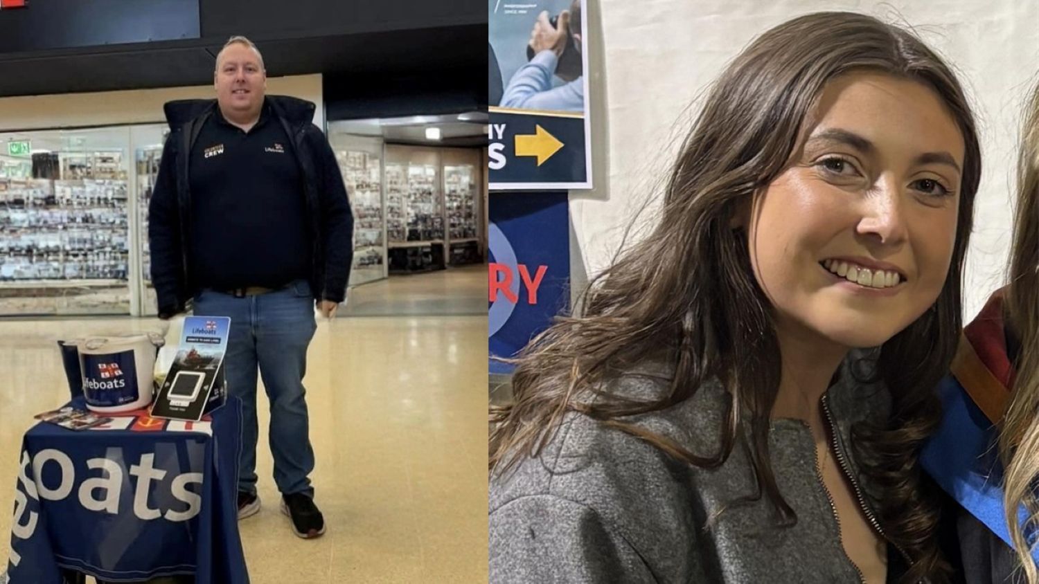 A man in RNLI branded clothing collecting in a station and a young woman with long dark hair