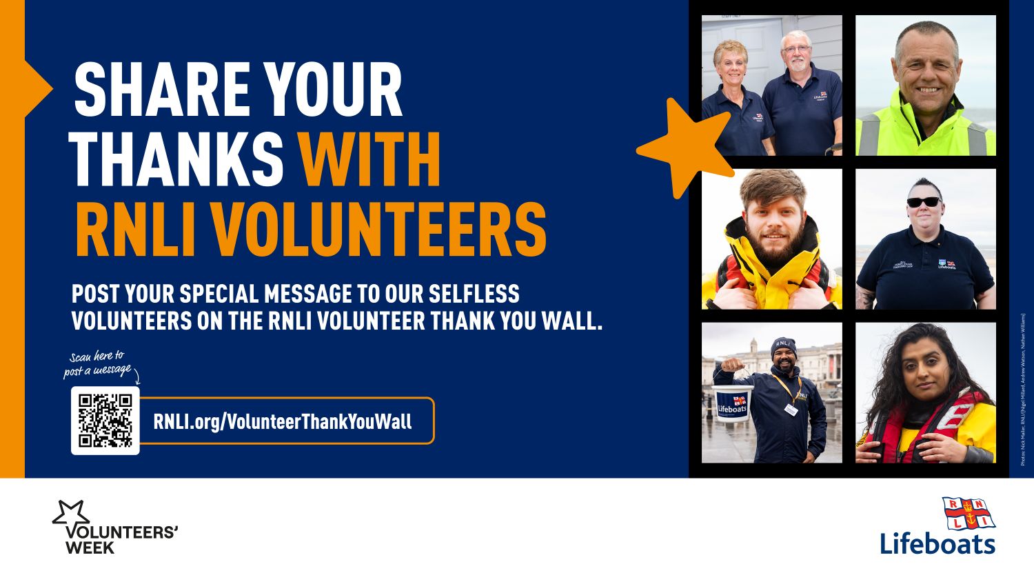 A graphic with images of volunteers and text that reads 'share your thanks with RNLI volunteers'