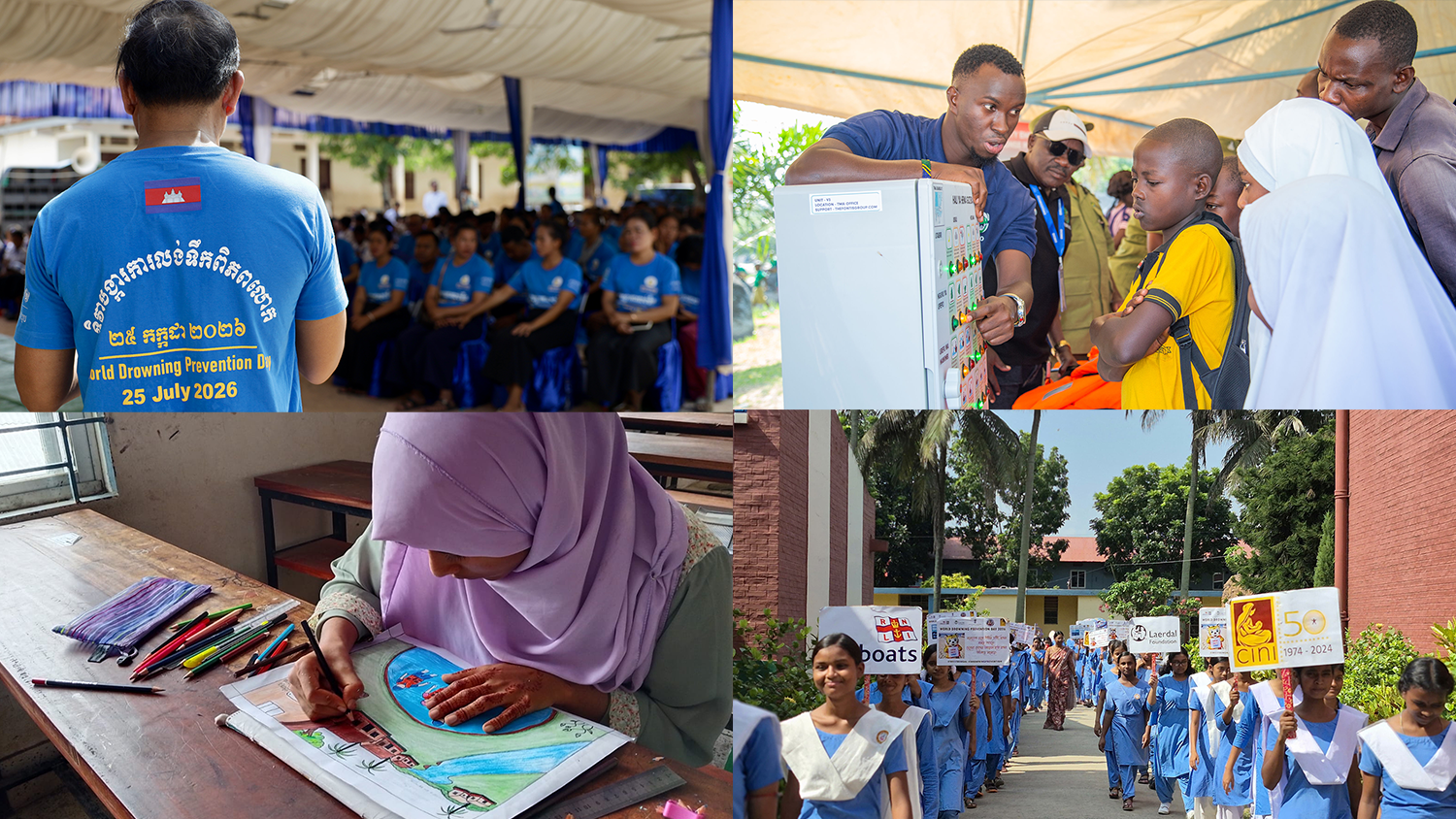 A collage showing World Drowning Prevention Day activities, including a community awareness event, a water safety demonstration, a student creating water safety artwork, and a school awareness march.