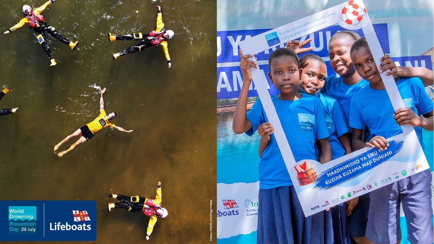 A side-by-side image of four crew members floating on their back in the sea, and four children in Tanzania dressed in blue World Drowning Prevention Day tshirts posing with a photo frame.