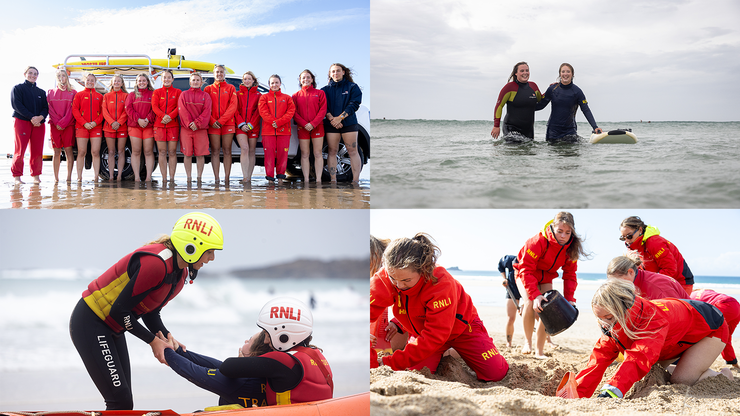 Four-panel collage showing RNLI lifeguards on a beach and in the sea, participating in training activities including surf instruction, rescue practice and teamwork exercises.