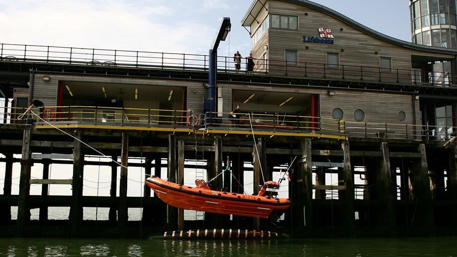 Southend-on-Sea RNLI’s B class Atlantic 75 lifeboat, Vic and Billie Whiffen B-776, being launched from the boathouse via the davit system
