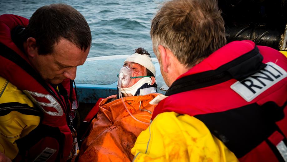 Mudeford lifeboat crew members taking part in an RNLI casualty care training exercise