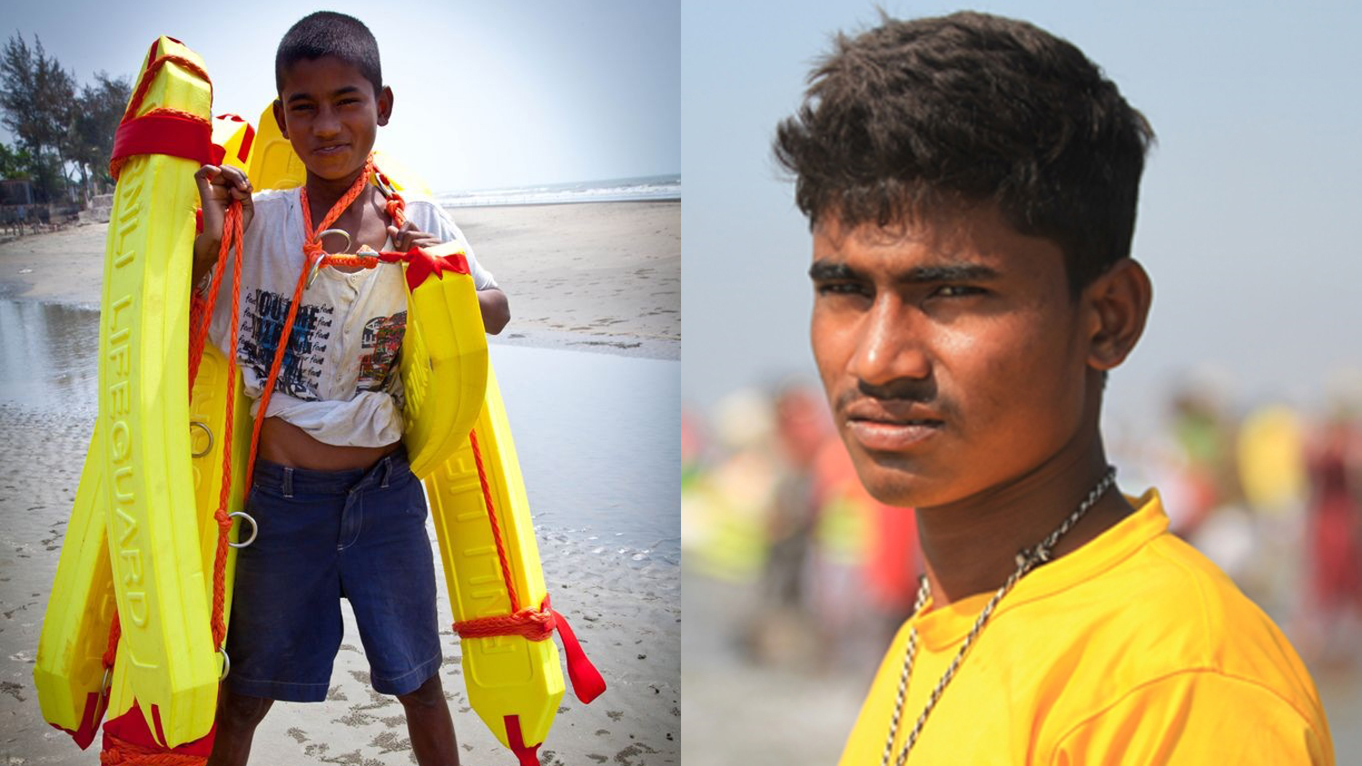 Lifeguard Selim aged 9 and aged 15 on the beach at Cox’s Bazar