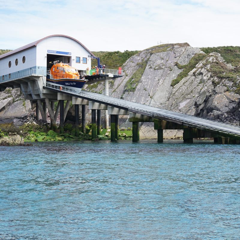 St Davids Lifeboat Station with their Tamar class lifeboat on the slipway.