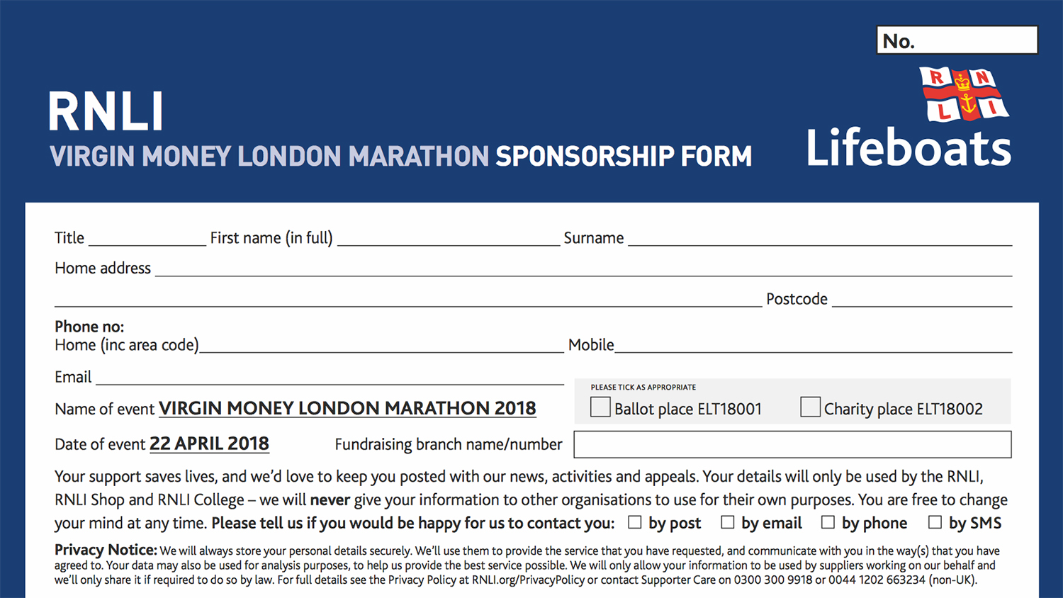Preview of the RNLI’s London Marathon sponsorship form, sterling